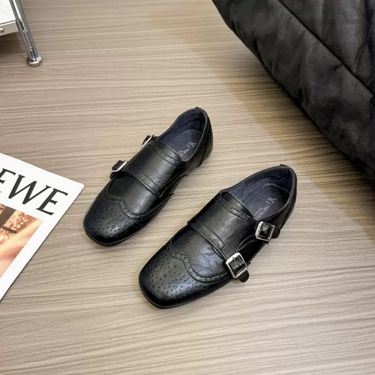 巴洛克复古英伦风头层小牛皮圆头金属扣加绒乐福鞋皮鞋