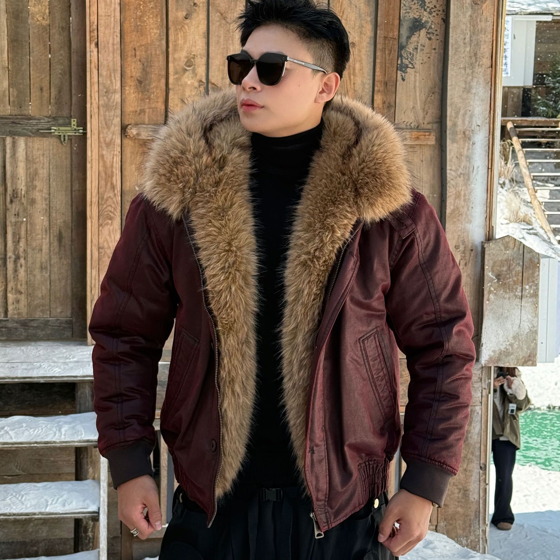 2025H·K美狮潮牌冬季蜡染做旧座山雕复古毛领棉衣外套