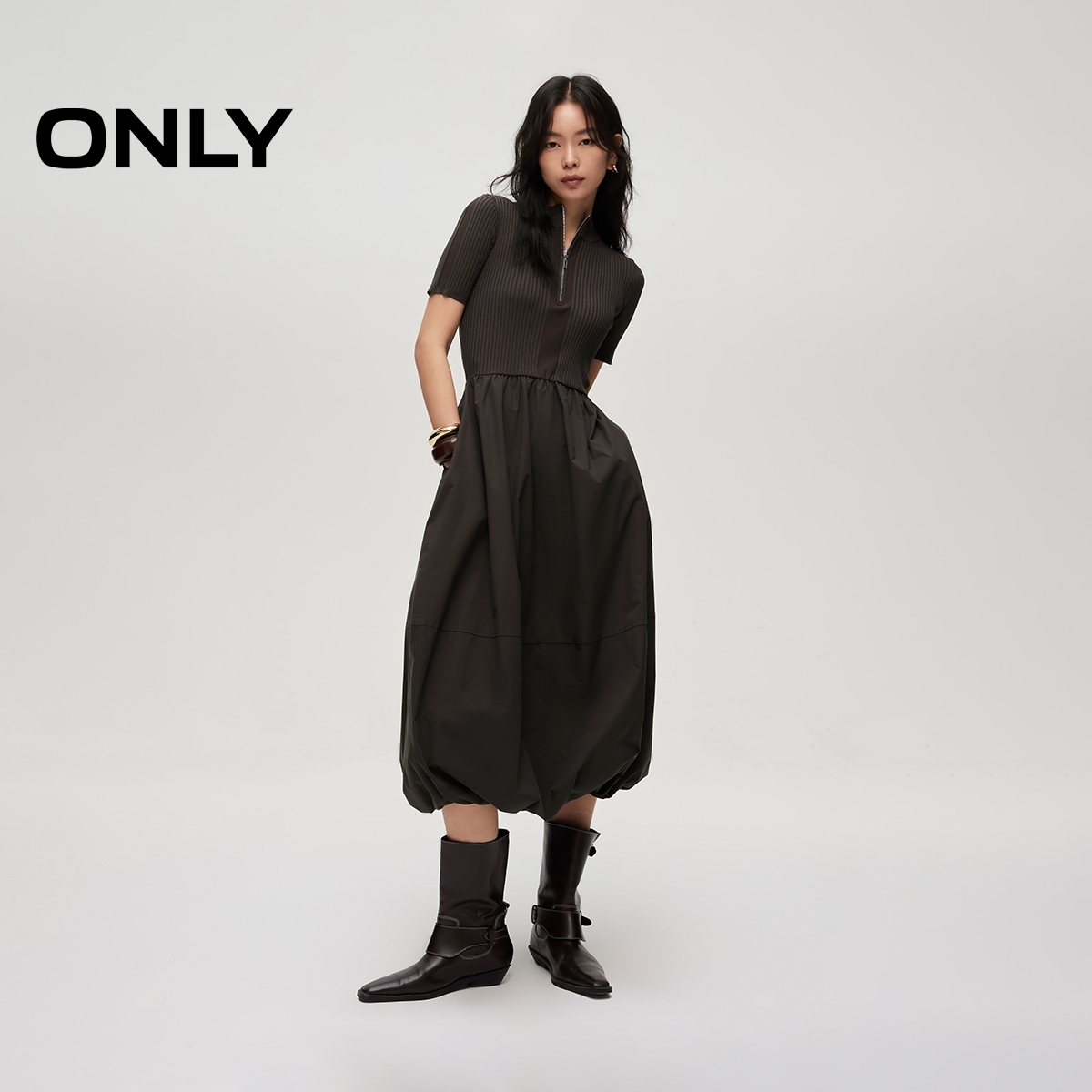 ONLY2026春季新款花苞裙小黑裙针织拼接短袖连衣裙女|126107007