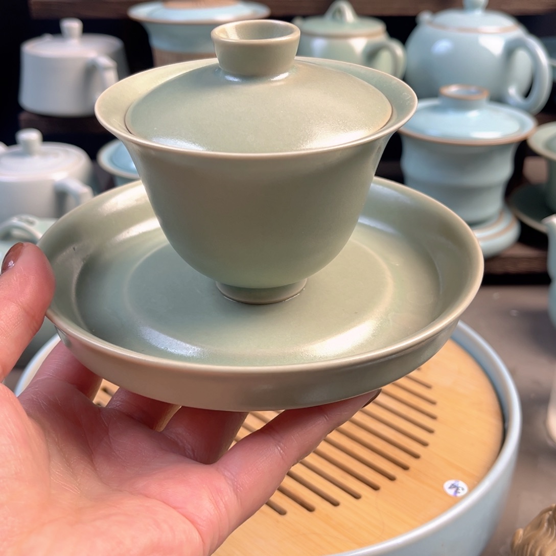 陶摆件瓷仿古豆绿釉三才元宝