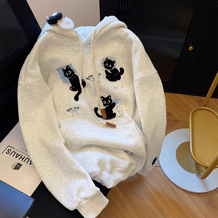 日系复古可爱小猫刺绣连帽卫衣女秋冬加绒加厚宽松设计感外套