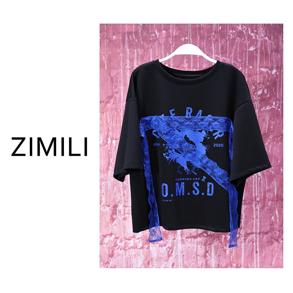 【亮哥女装】2025夏季轻薄透气午夜黑印花蕾丝绣时尚短袖上衣8689