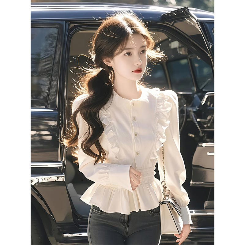 荷叶边白色衬衫女春秋2025新款设计感洋气独特漂亮收腰打底上衣潮