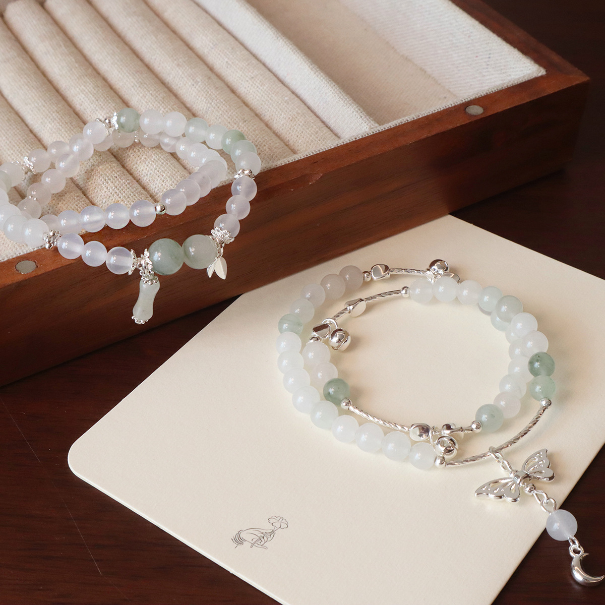 天山翠竹节手链女新中式翩翩蝴蝶吊坠手串小众清新手饰品双圈