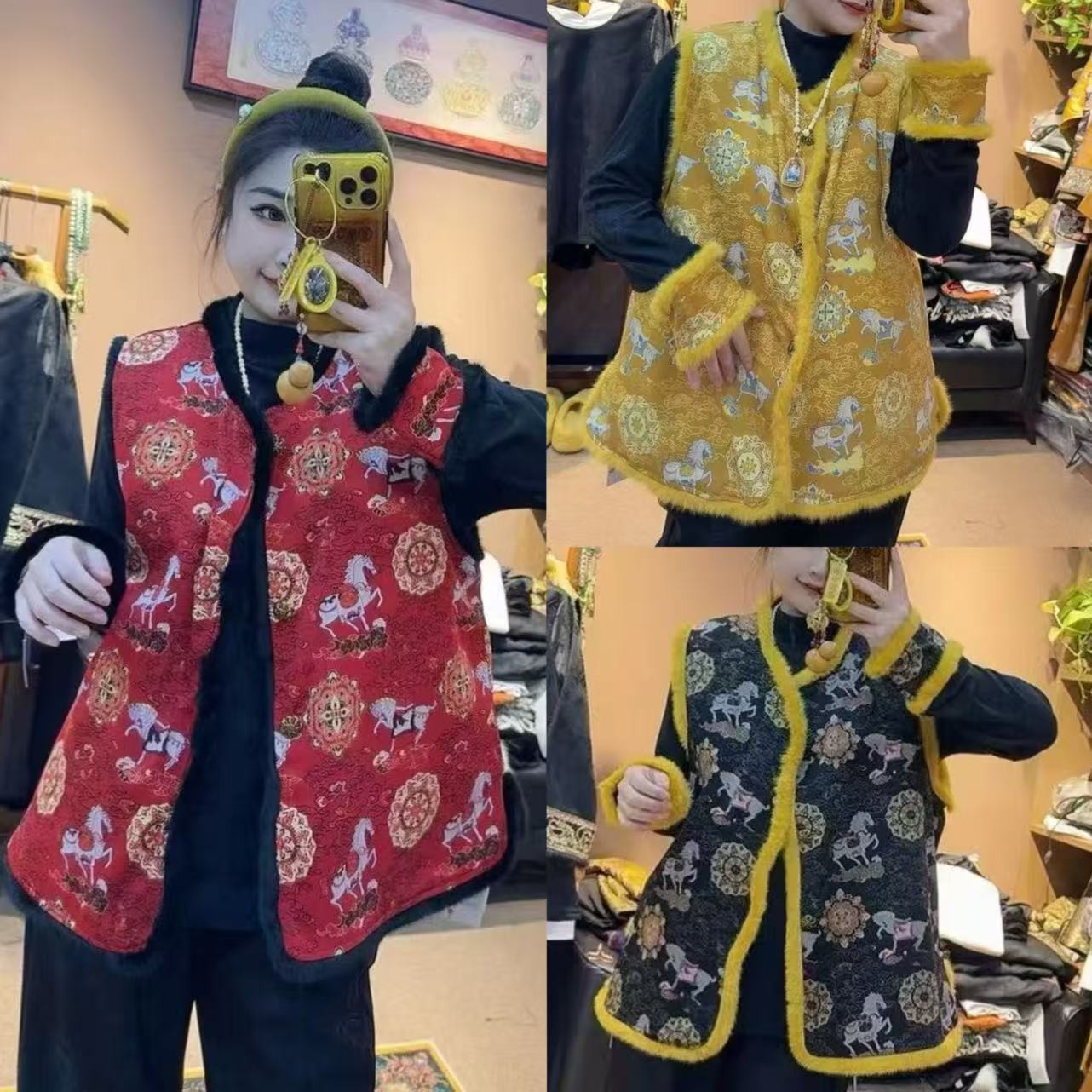  双12~深圳8726新年装两件套马上有钱国风棉马甲绒毛打底衫套装