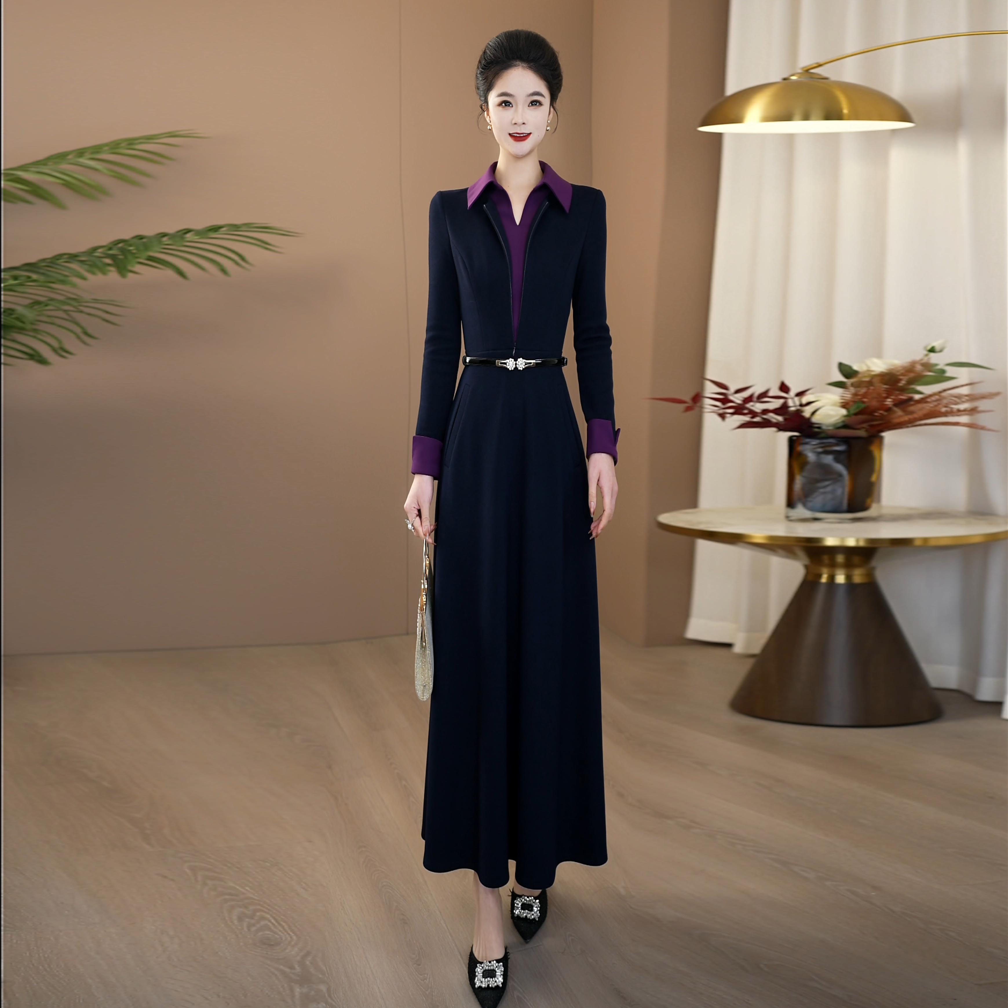 秋冬高端大气时尚假两件式连衣裙2025新款遮肉收腰大摆裙子228