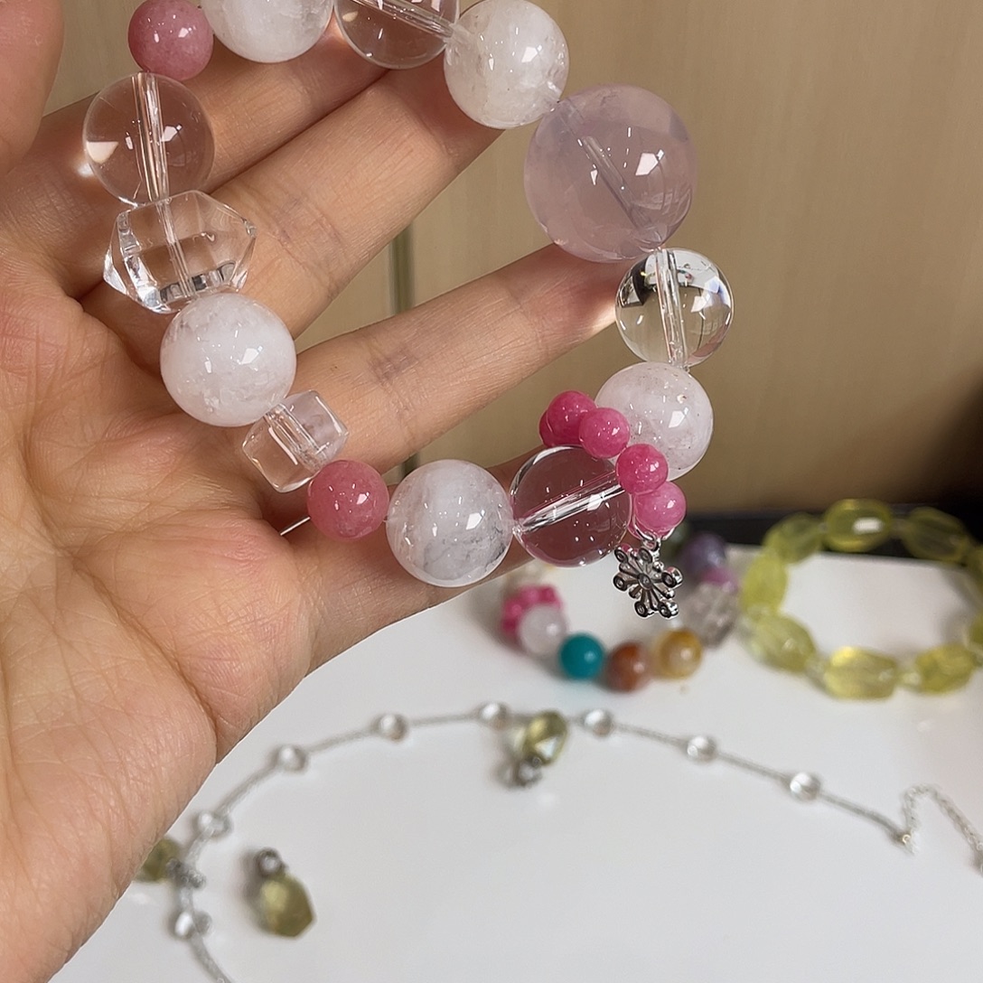未镶嵌手串水晶手串粉水球球白幽灵