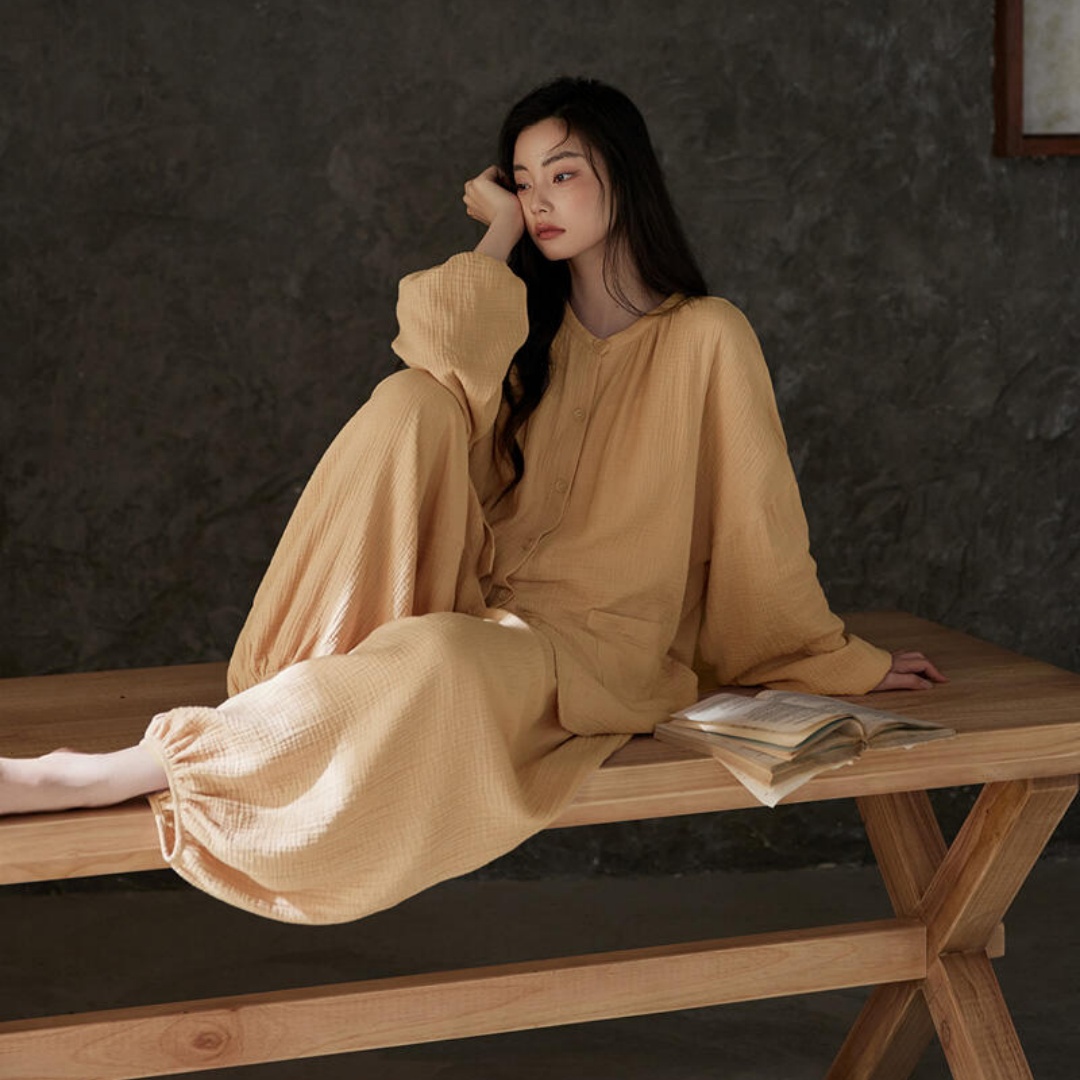 带胸垫国风灯笼长裤复古睡衣女春秋季时尚少女感纯色圆领长袖套装