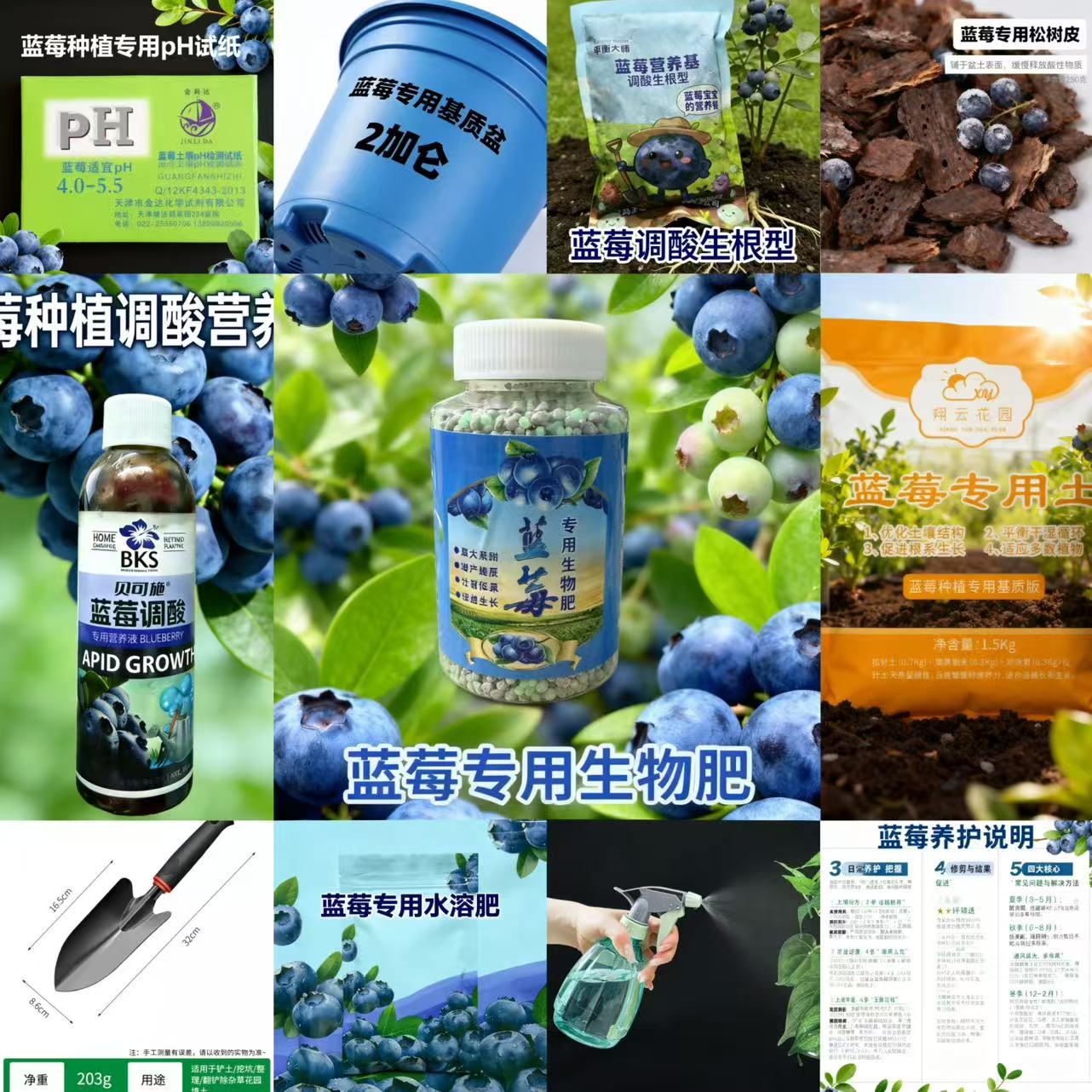 （蓝莓至尊版养护大礼包11件套）养护种植花盆肥料调酸蓝莓专用土