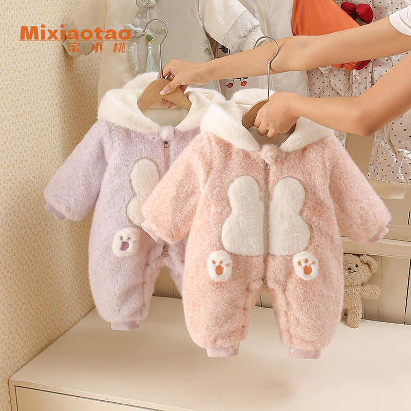 冬款垂耳兔加厚外出服宝宝保暖连体衣婴幼儿夹棉哈衣爬服儿童
