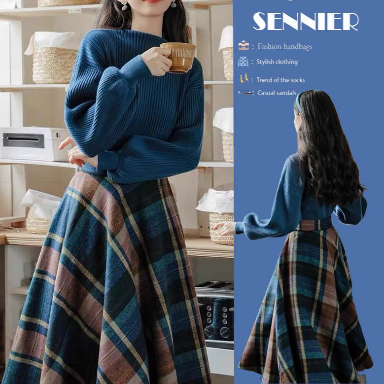 秋冬季穿搭2025款法式文艺复古蓝色针织毛衣高腰格子半身裙两件套