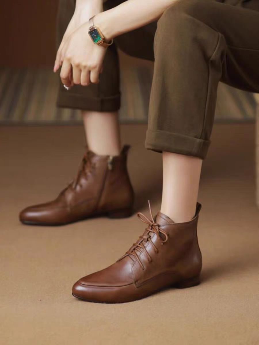 木林女鞋低跟尖头法式英伦马丁靴系带软底时尚平底