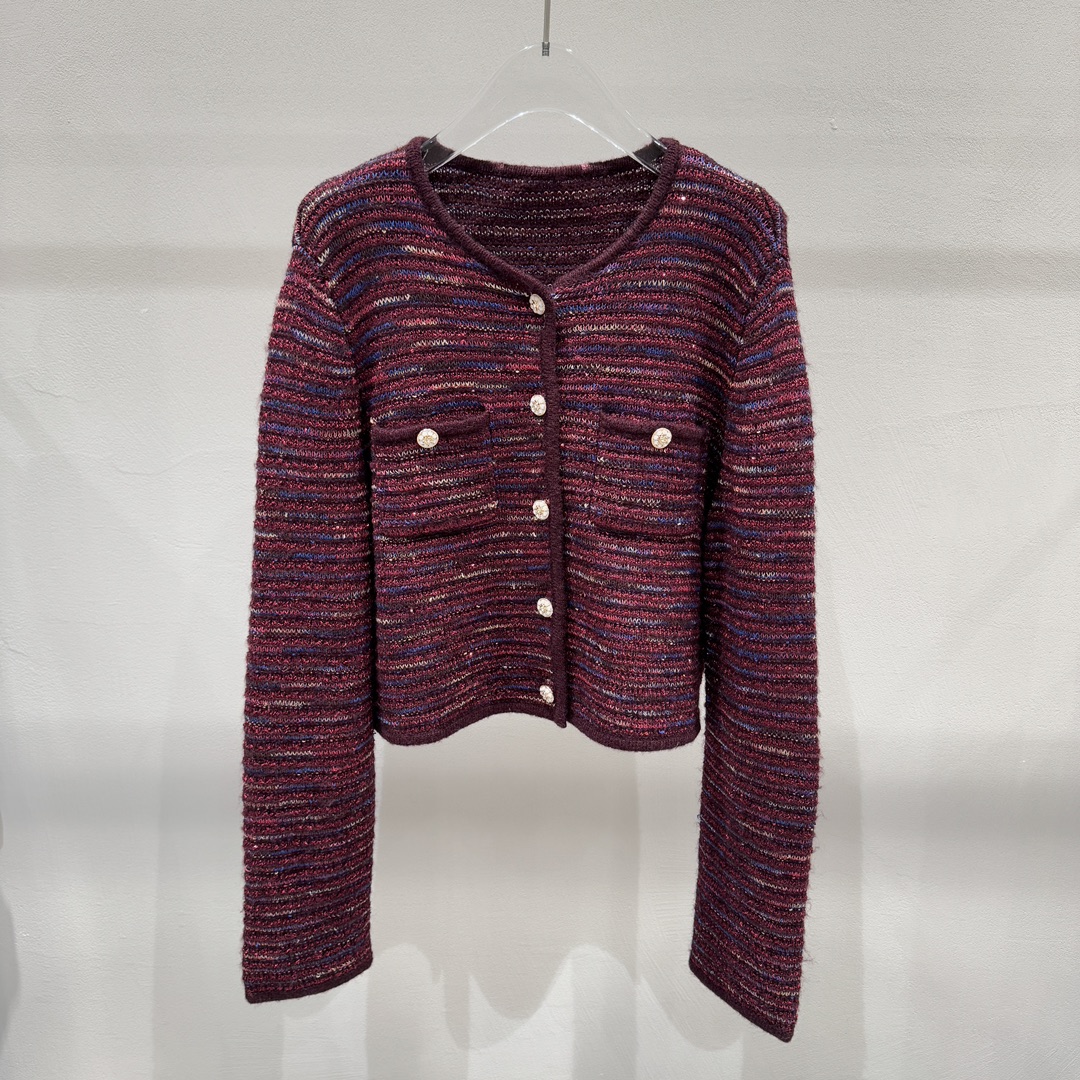 安可拉红复古小香风夹花条纹针织衫女2025春款单排扣圆领毛衣开衫