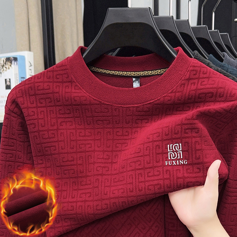 男士冬季卫衣圆领加绒长袖高档提花加绒加厚保暖上衣打底德绒卫衣