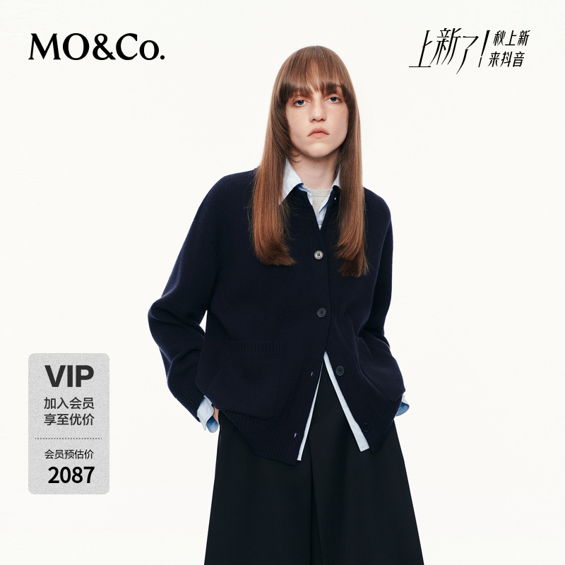 MOCO针织外套2025秋新品绵羊毛假两件开衫拼接衬衫宽松MBE3CART11