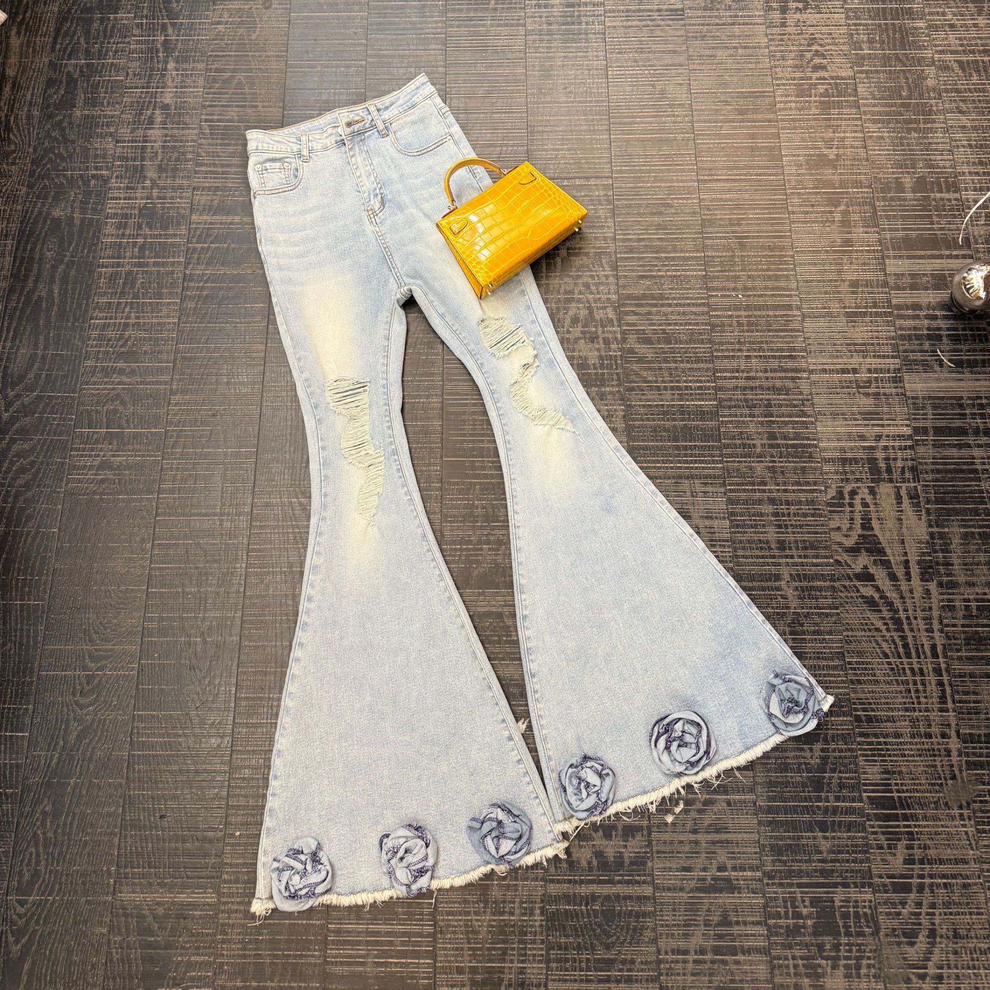 大气元 ( 裤子）《设计款》显瘦大长腿磨破裤脚花朵喇叭裤