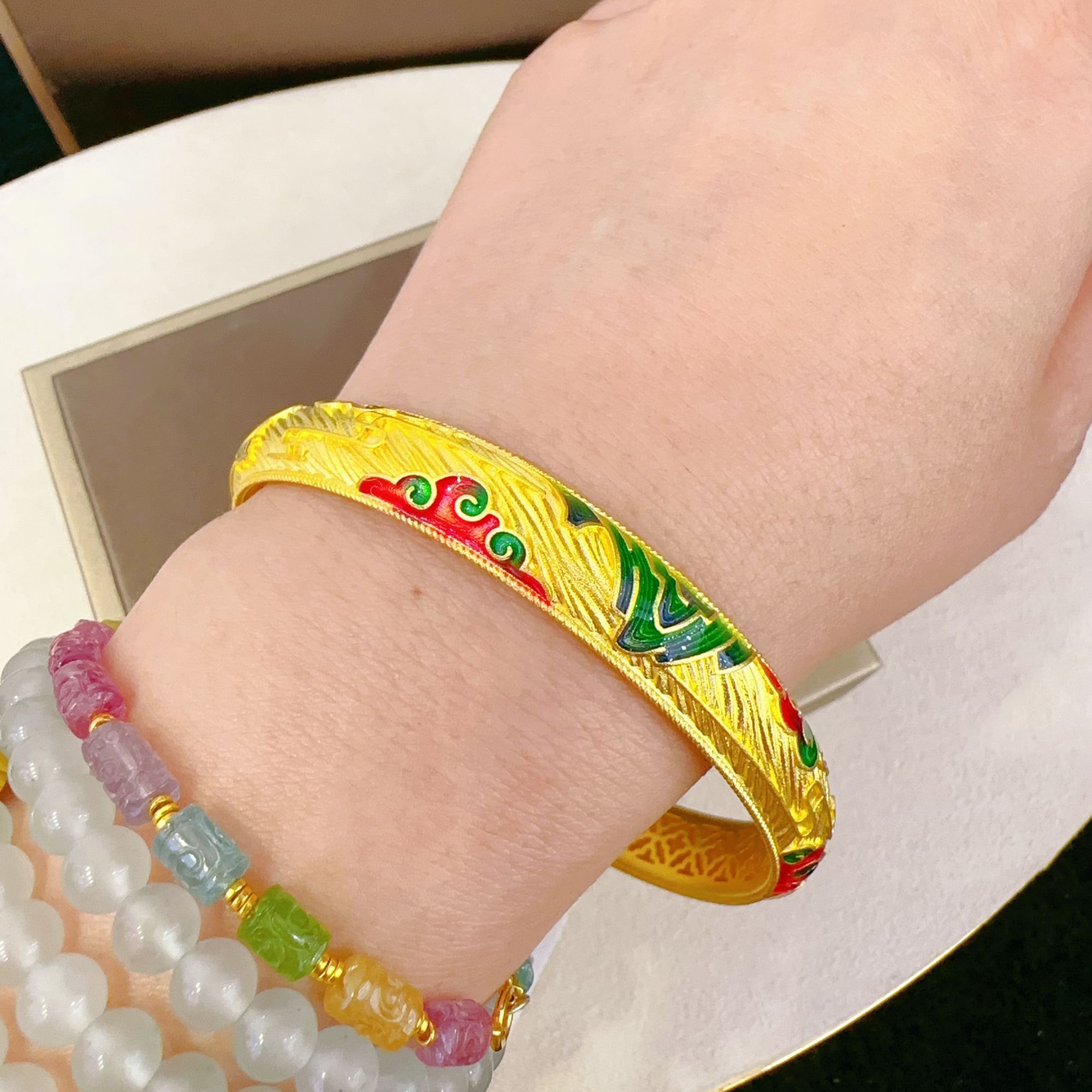 足银珐琅手镯 外包了金的山水楼阁高温珐琅镯子时尚气质民族风