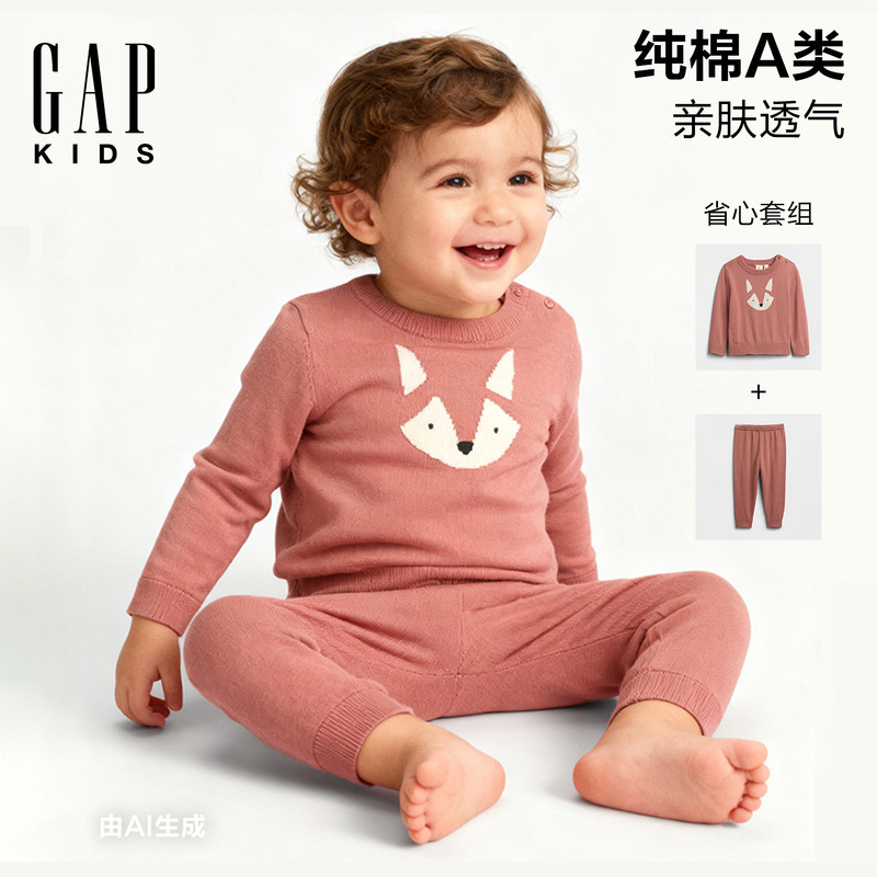 Gap婴儿童装2025秋冬新款动物织纹纯棉长袖针织套装美版790111