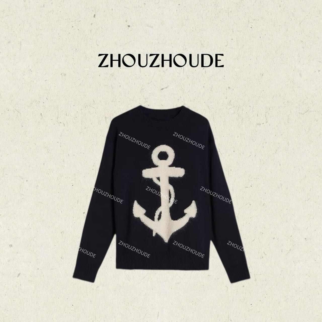 ZHOUZHOUDE【Max船锚】复古刺绣海军风提花针织粗棒针套头圆领毛衣