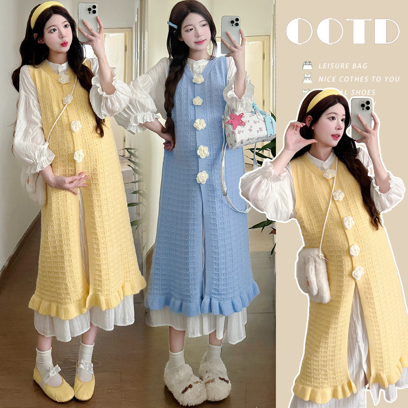 2025秋季法式衬衫长裙+镂空山茶花鱼尾宽松背心裙孕妈套装春秋