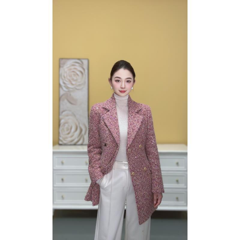 剀剀莉 （长相思）冬季粉色羊毛金丝亮片西装领小香大衣外套 0-15°