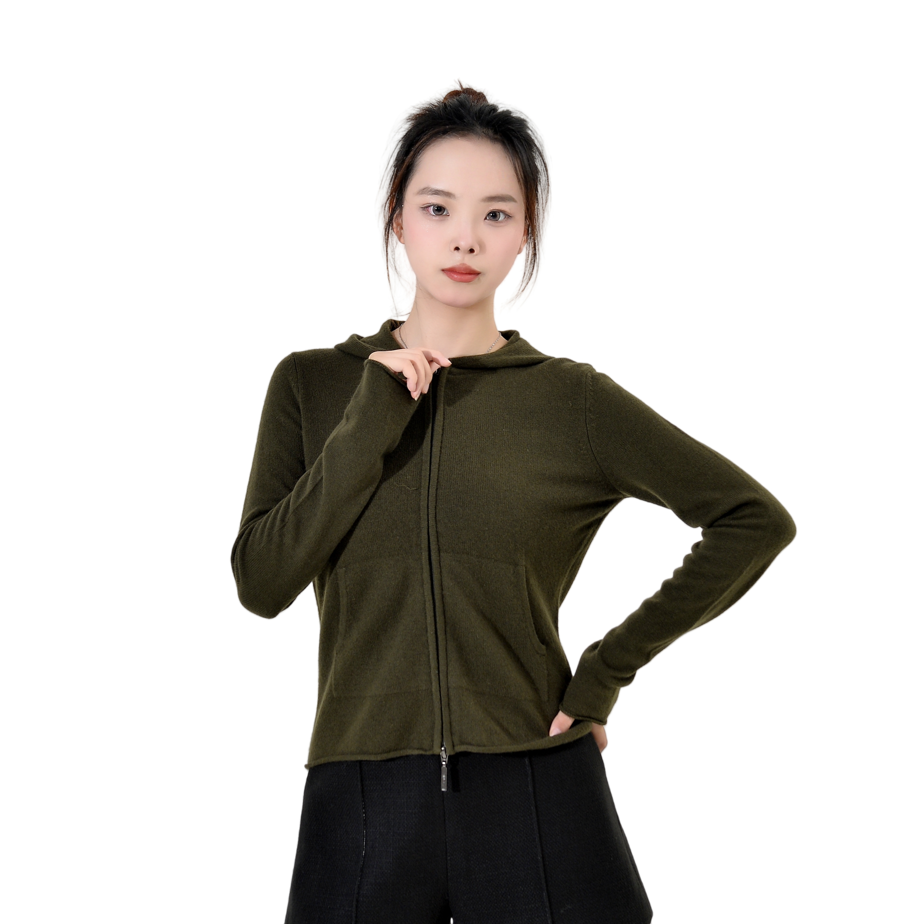 轻奢高端羊绒  软糯修身连帽拉链女士羊绒开衫 TZ2022-1