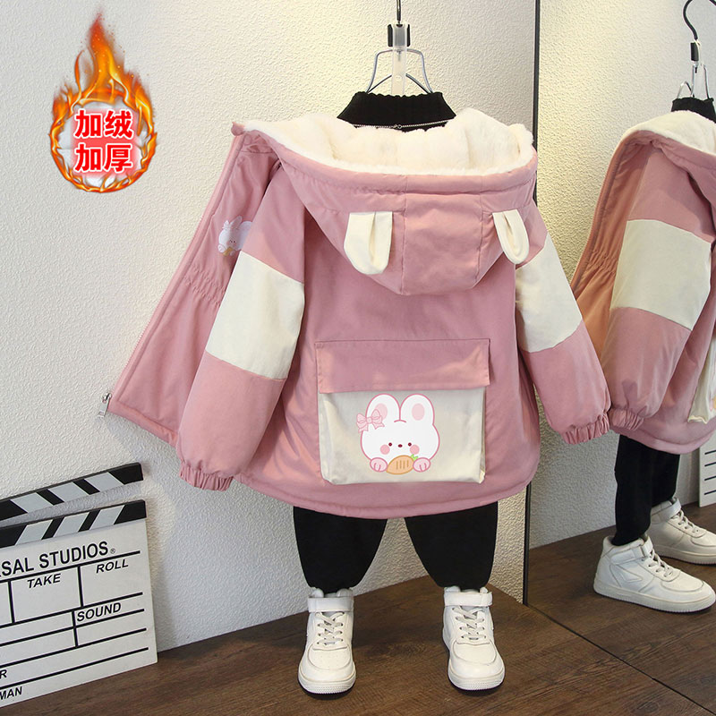 女童秋冬新款韩版收腰时尚外套女童口袋卡通印花加绒连帽保暖棉袄