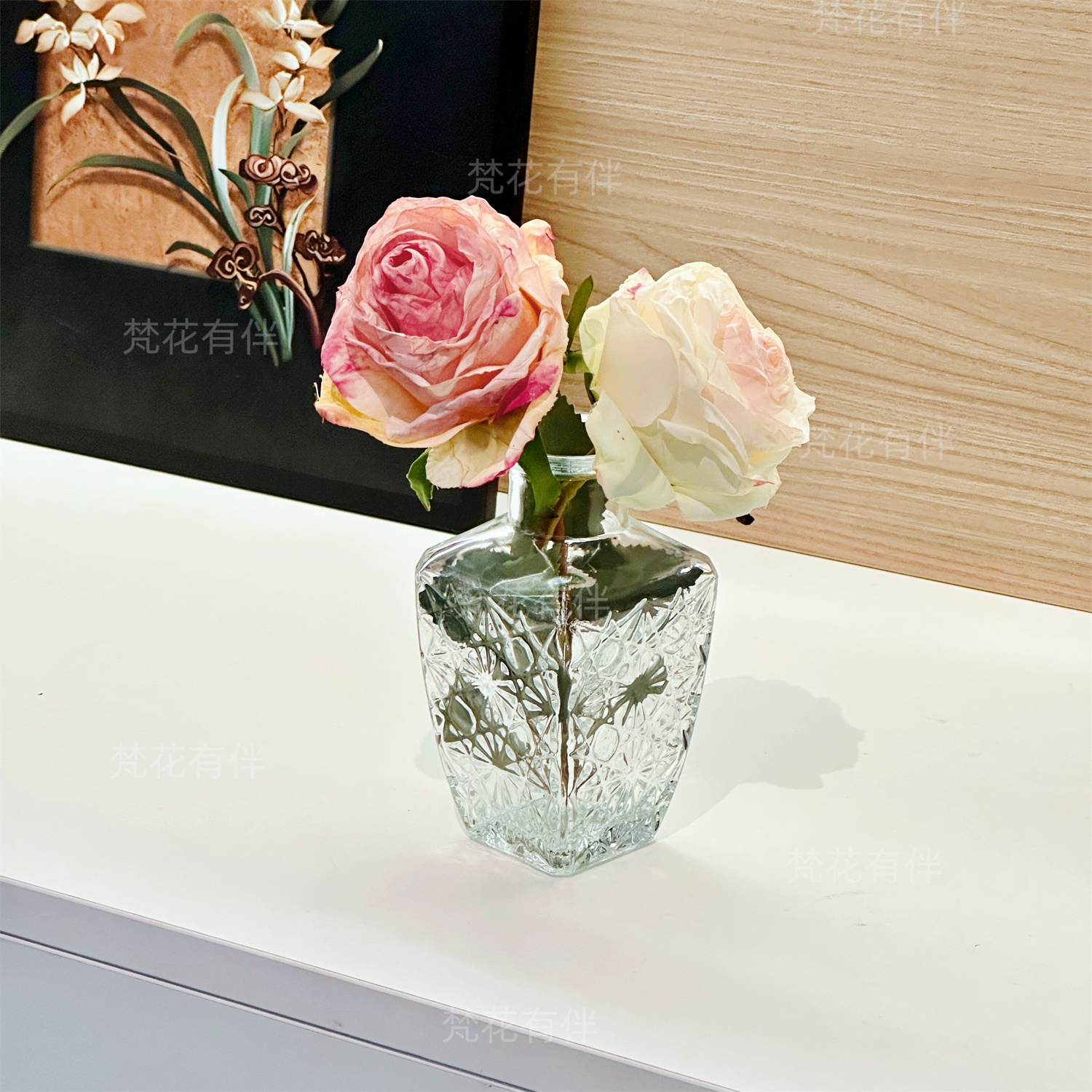 焦边玫瑰仿真花轻奢家居酒店餐厅餐桌客厅陶瓷装饰摆件花艺摆设