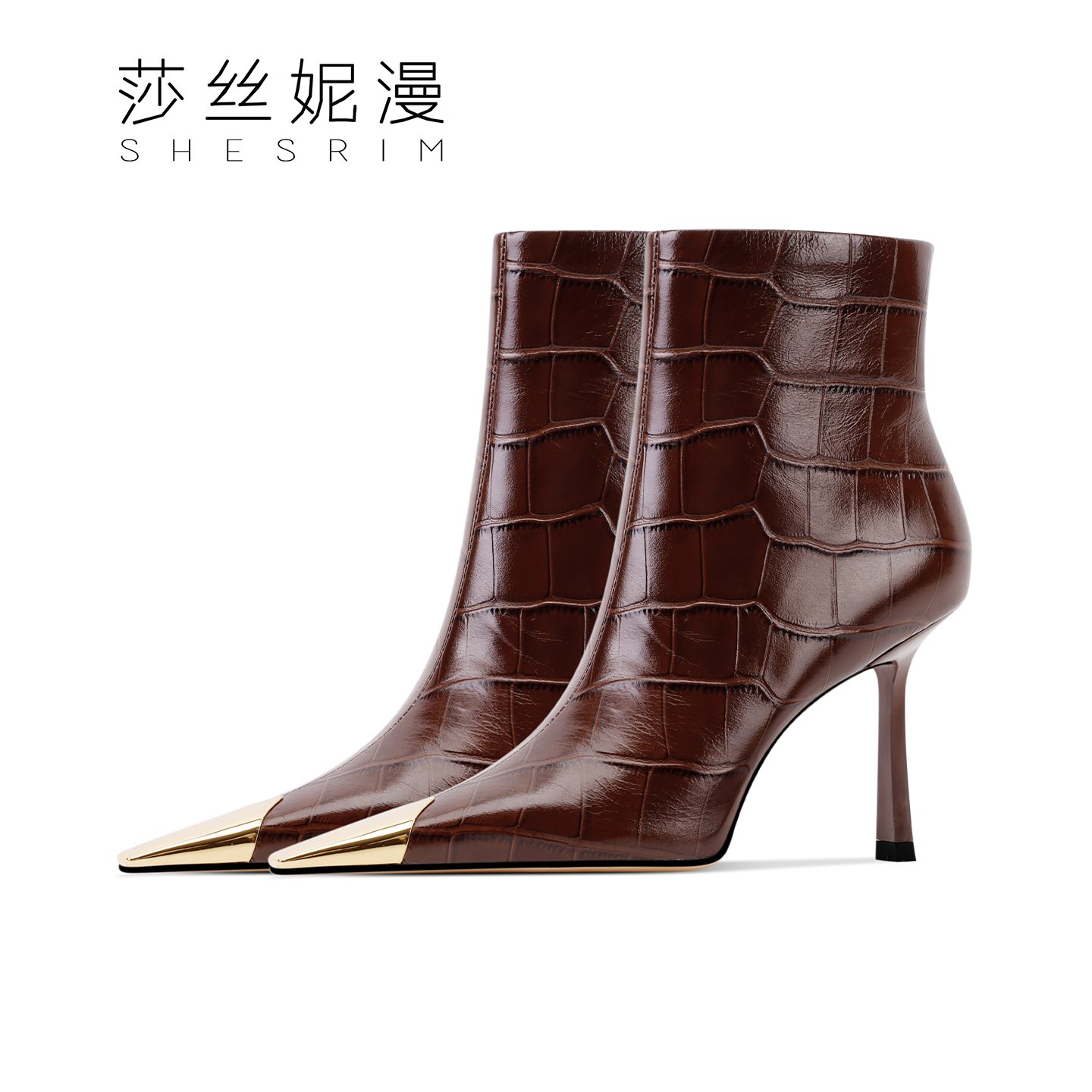 2025冬季新款石头纹细跟短靴秋冬时尚尖头女靴短靴百搭高跟单里