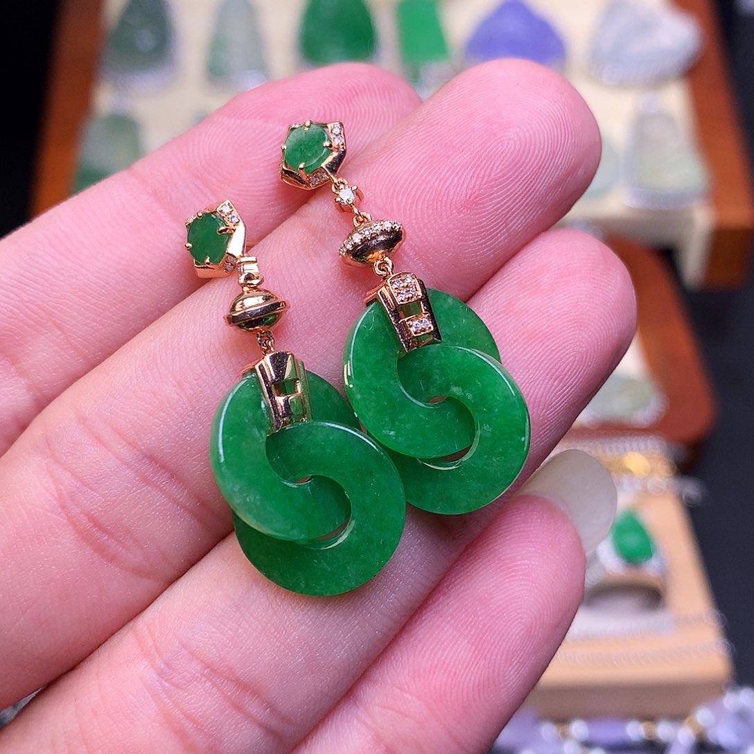 翡翠耳饰18K金镶嵌双环