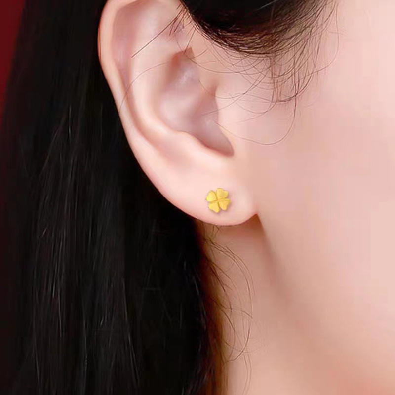 合金耳饰 【矿金高定】女气质简约四叶草耳钉金色耳环百搭防过敏