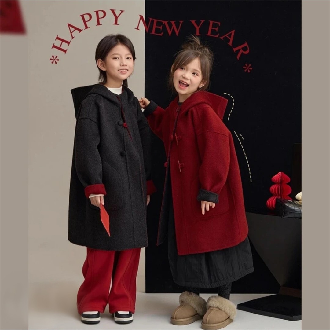 【两面穿双面呢大衣新年服】儿童保暖毛呢大衣外套女童中长款冬季潮