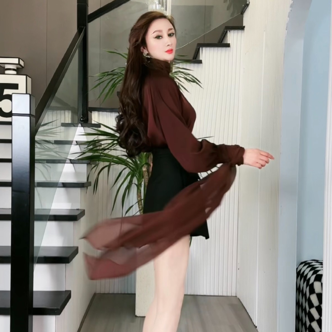 设计师款高端女装春秋款前后两穿可可咖灯笼袖飘带衬衫