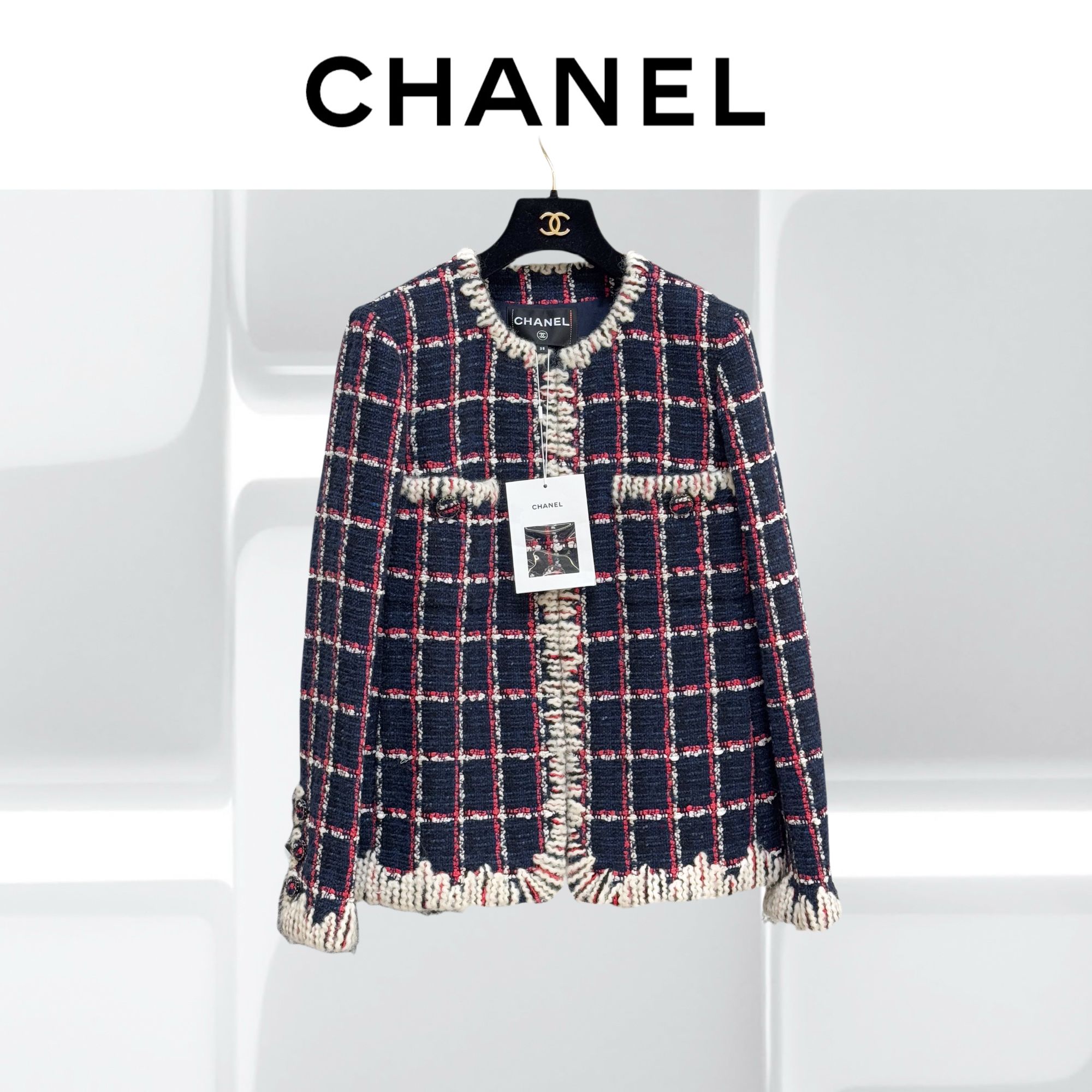 99新 Chanel/香奈儿 38码19K雪地系列藏蓝色拼红色格纹长袖外套