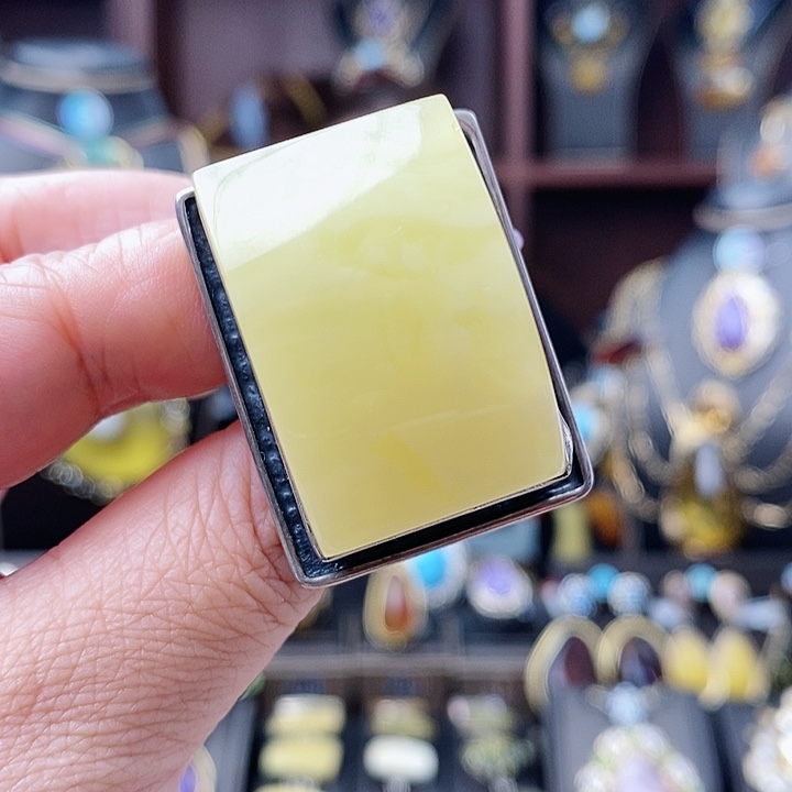 琥珀戒指银S925镶嵌戒指