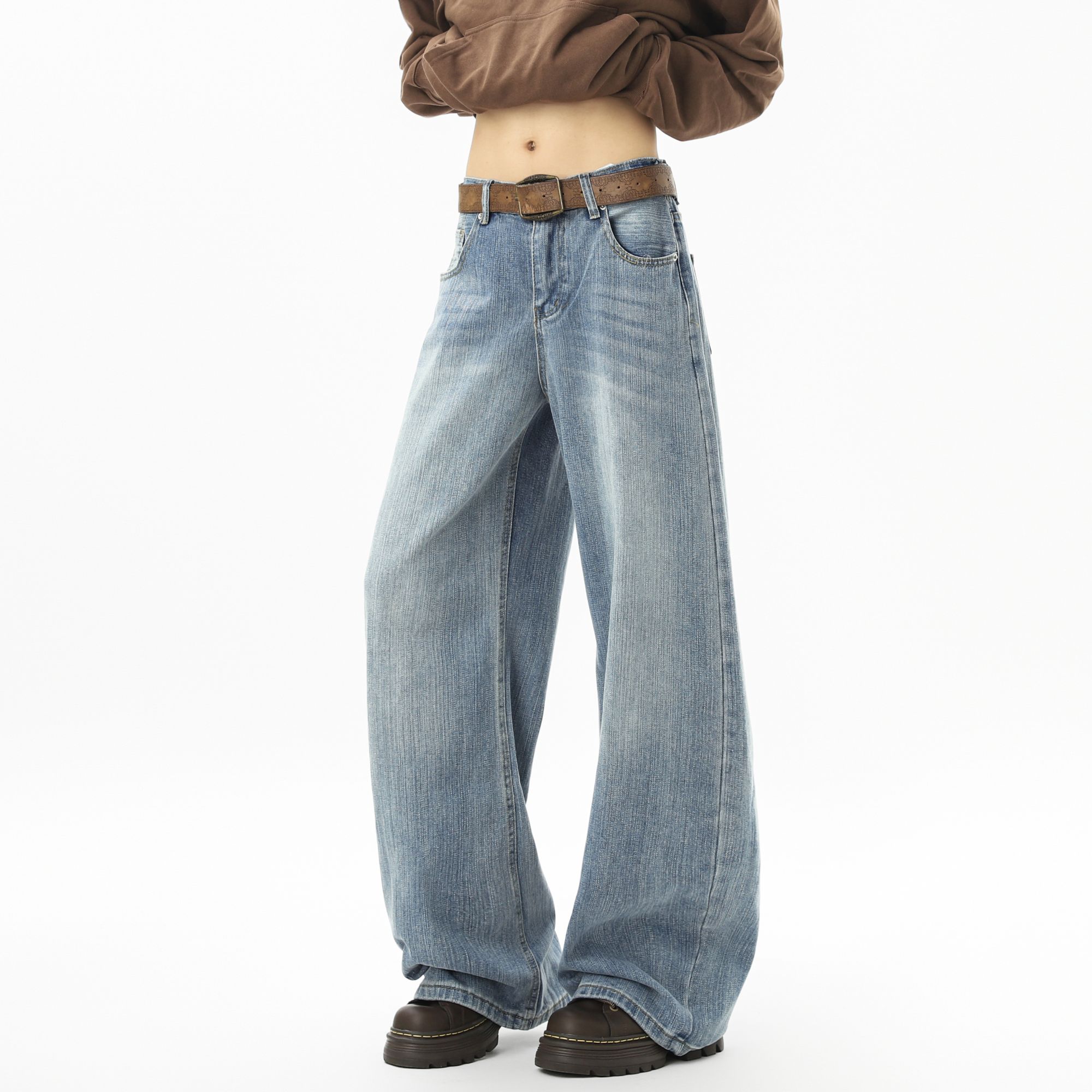 秋季cleanfit竹节纹弯刀牛仔裤男女同款垂感复古宽松阔腿裤老钱风