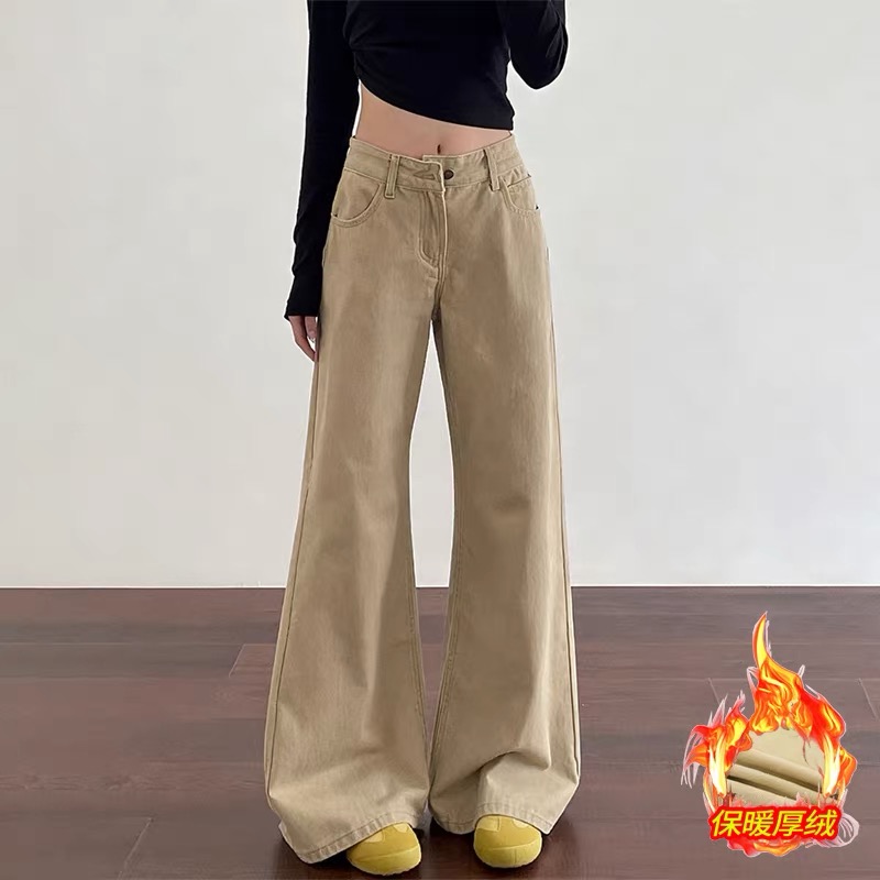 美式冬季百搭设计感牛仔裤女加绒加厚卡其色微喇裤森系显瘦裤子女