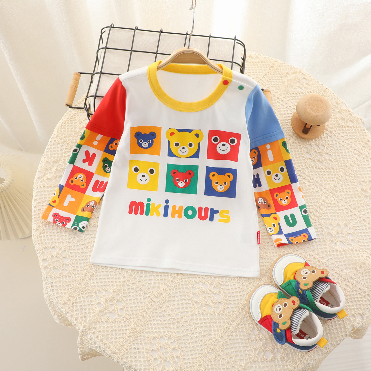 miki秋季新款男女童卡通圆领印花长袖t恤日系纯棉宝宝打底衫669