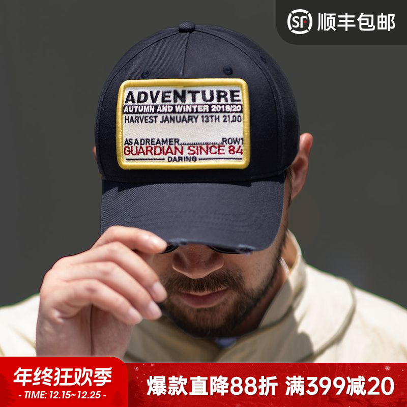 马登工装美式复古字母章仔棒球帽新款做旧弯檐鸭舌帽宽檐帽子男女