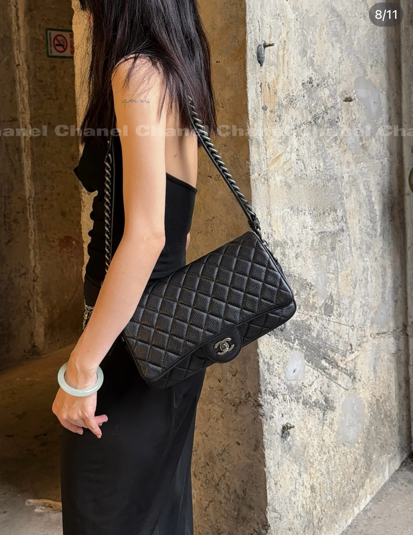 95新 Chanel/香奈儿 黑银宽肩带cf机场包 32cm 16618861