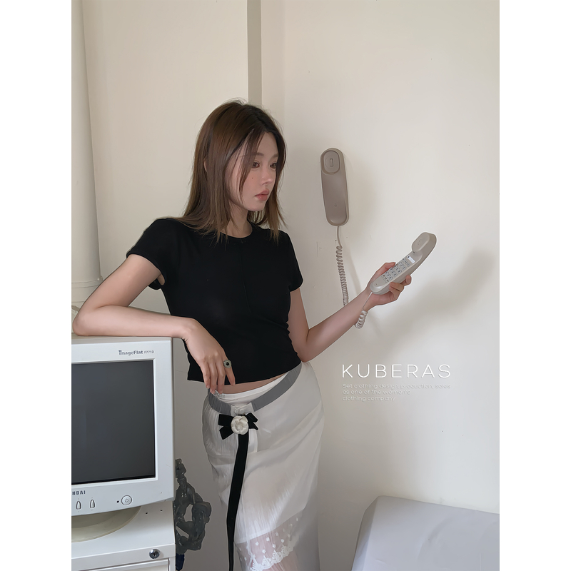 KUBERAS【素花落纱】小众飘逸撞色飘带花朵中裙+长纱裙半裙两件套