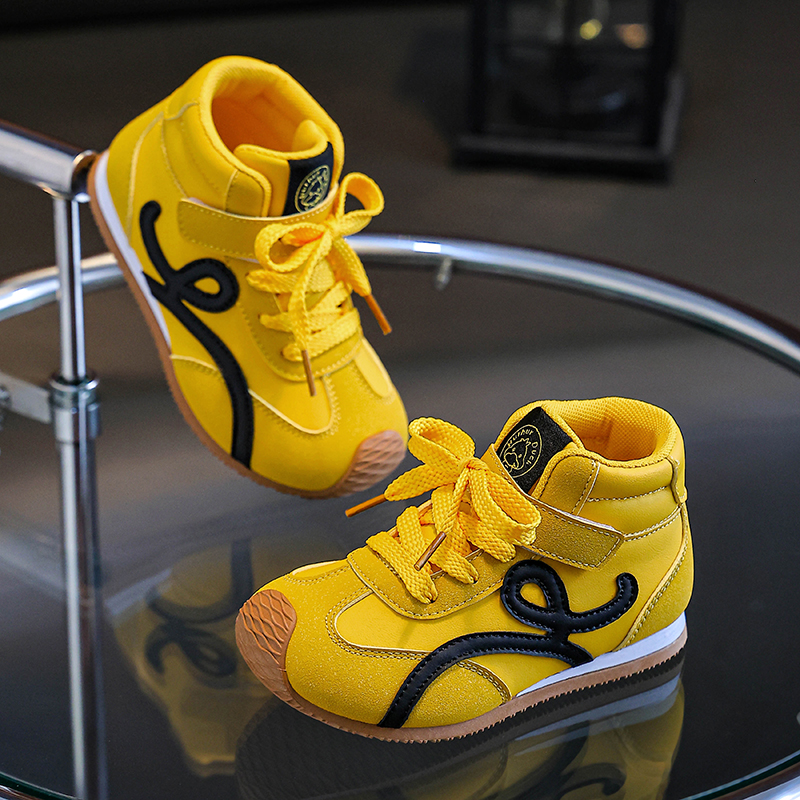 儿童耐磨防滑板鞋高帮篮球鞋休闲时尚魔术贴皮面软底软面耐磨鞋潮