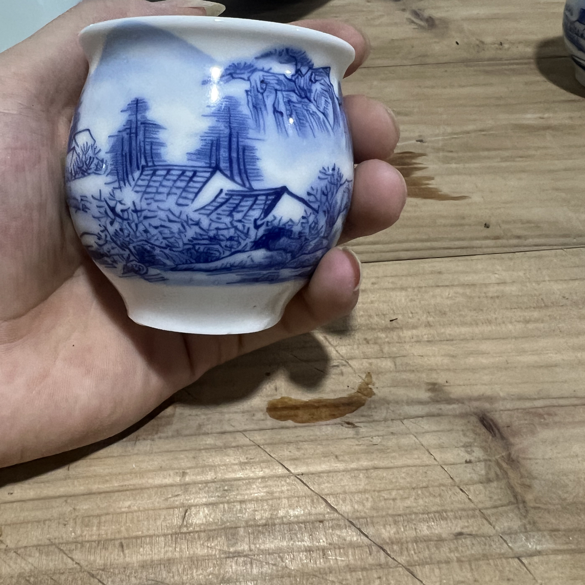 青花釉里红山水手绘双层陶瓷主人杯家用泡茶茶具
