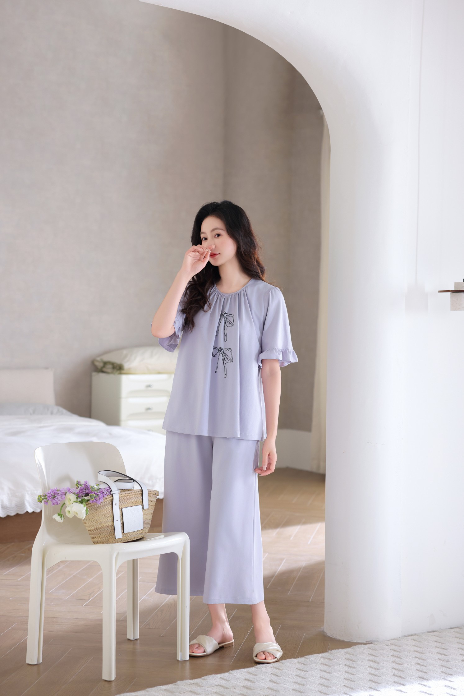 奢丝物语6852女士夏季短袖八分裤可外穿舒适棉感睡衣家居服