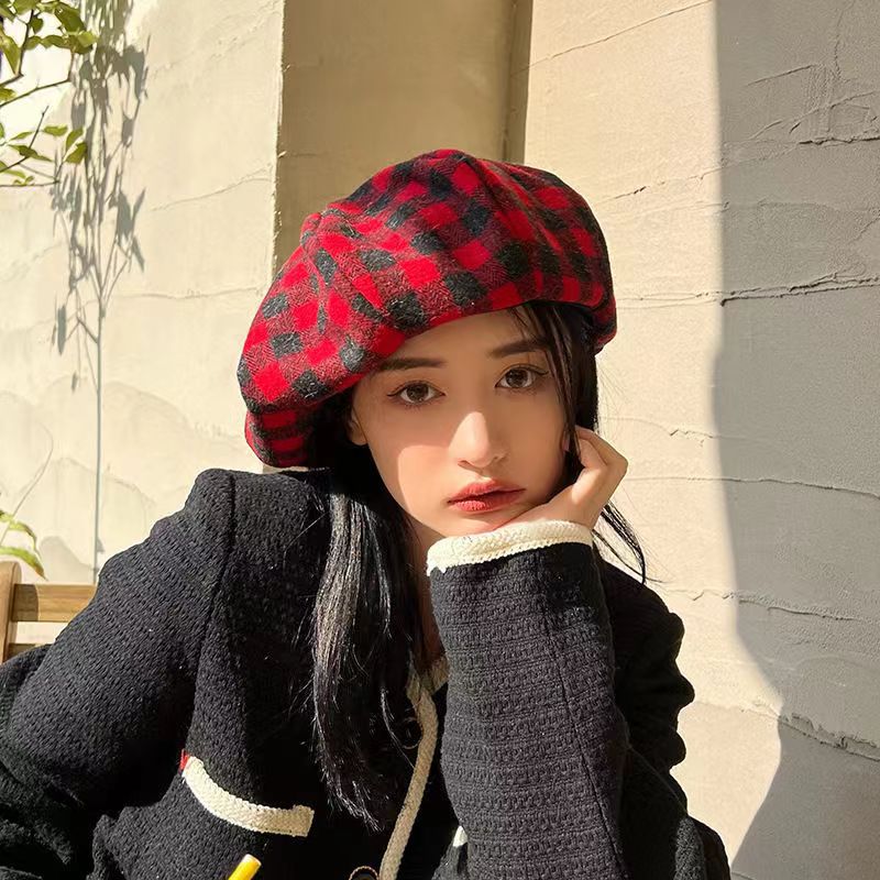 【汐汐专属】秋冬女贝雷帽春秋格纹休闲风帽子网红ins时尚针织