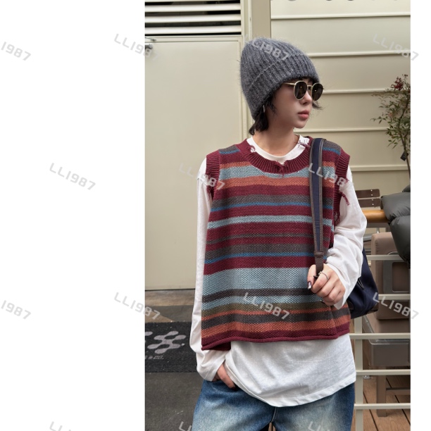 HY罗罗【破洞设计混色彩条】秋冬设计感不规则毛边无袖马甲L376