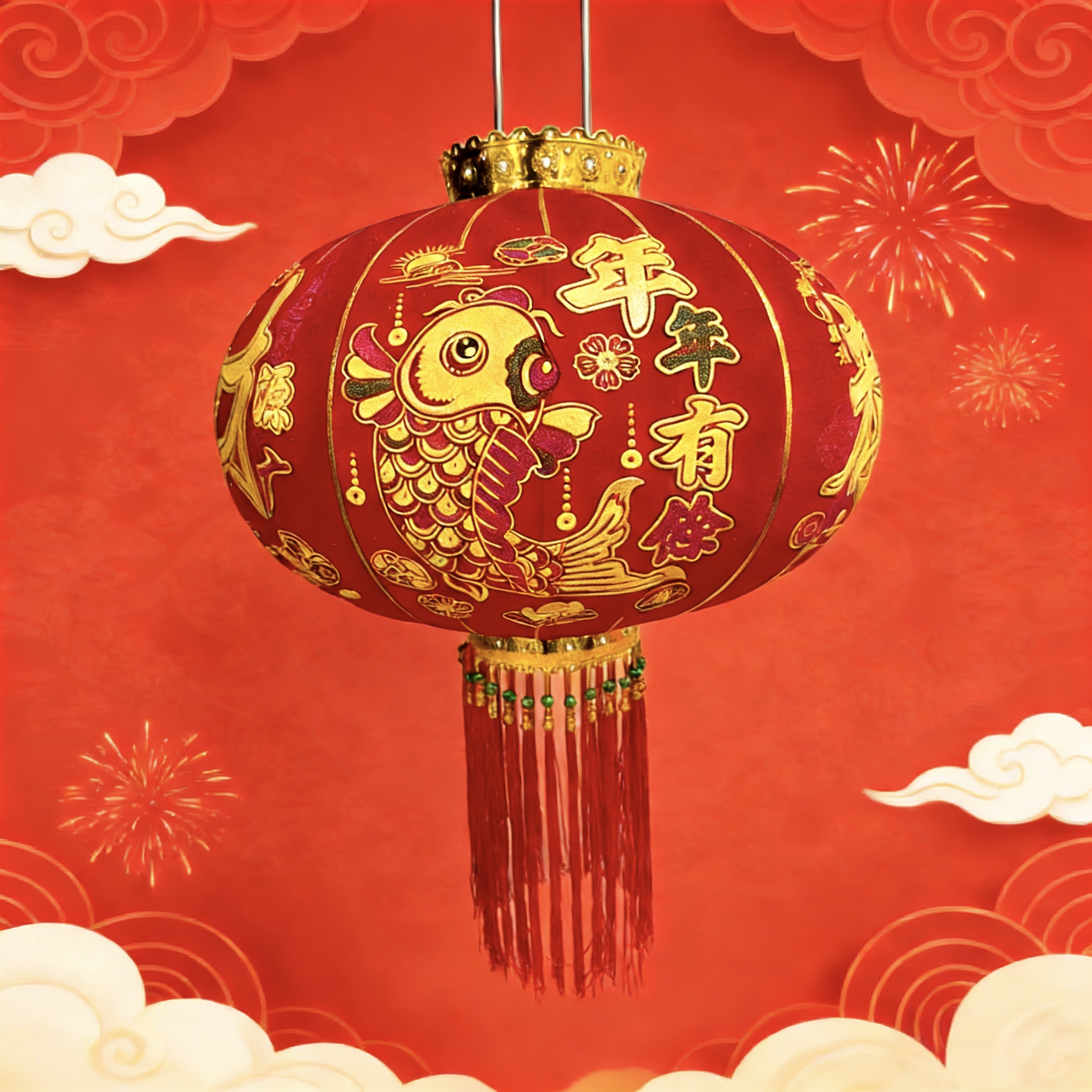 【年年有余烫金2026款】新款植绒新年喜庆大红灯笼长杆户外防水耐晒