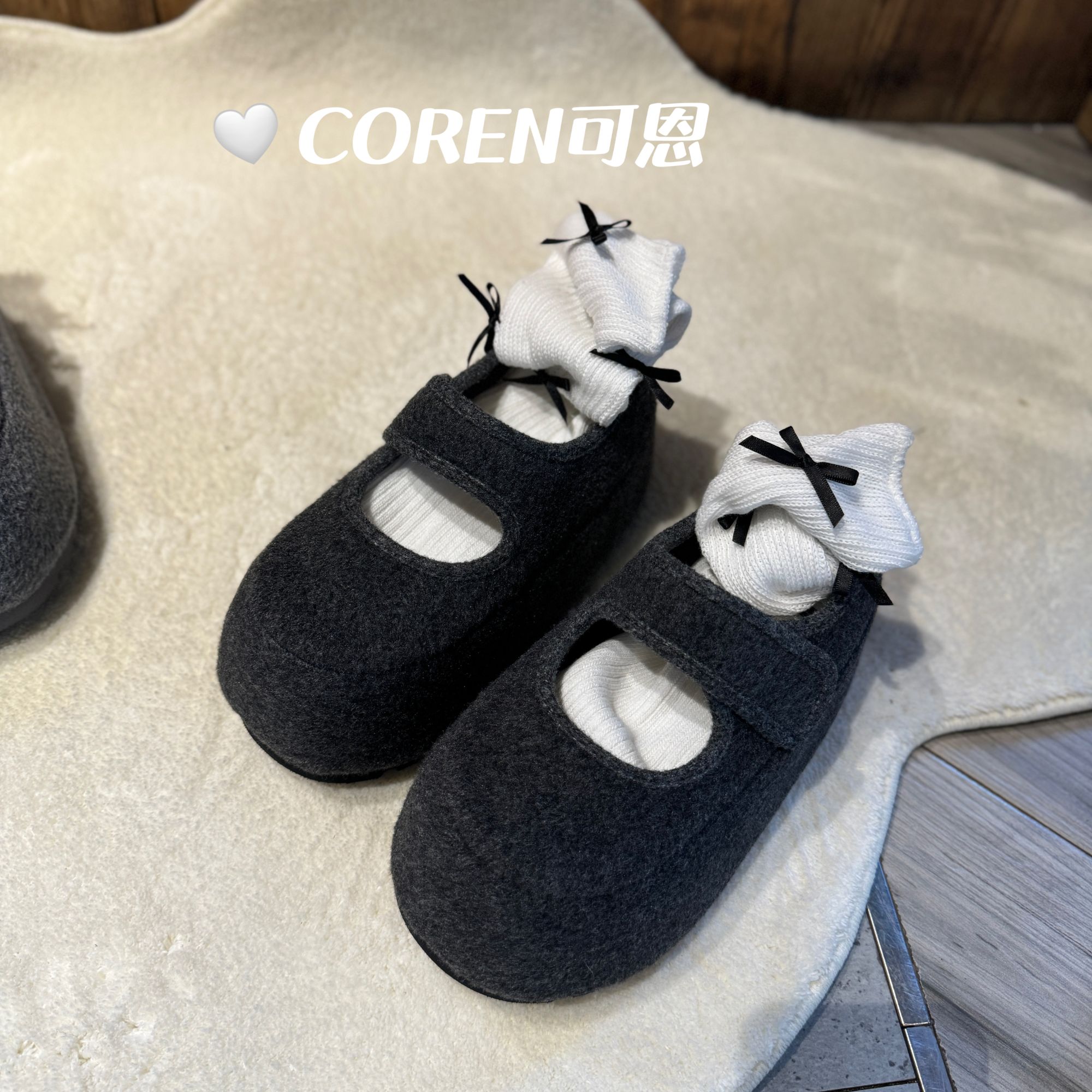 韩国毛呢毛毛鞋一字玛丽珍魔术贴单鞋面包小个子7cm增高博肯女鞋