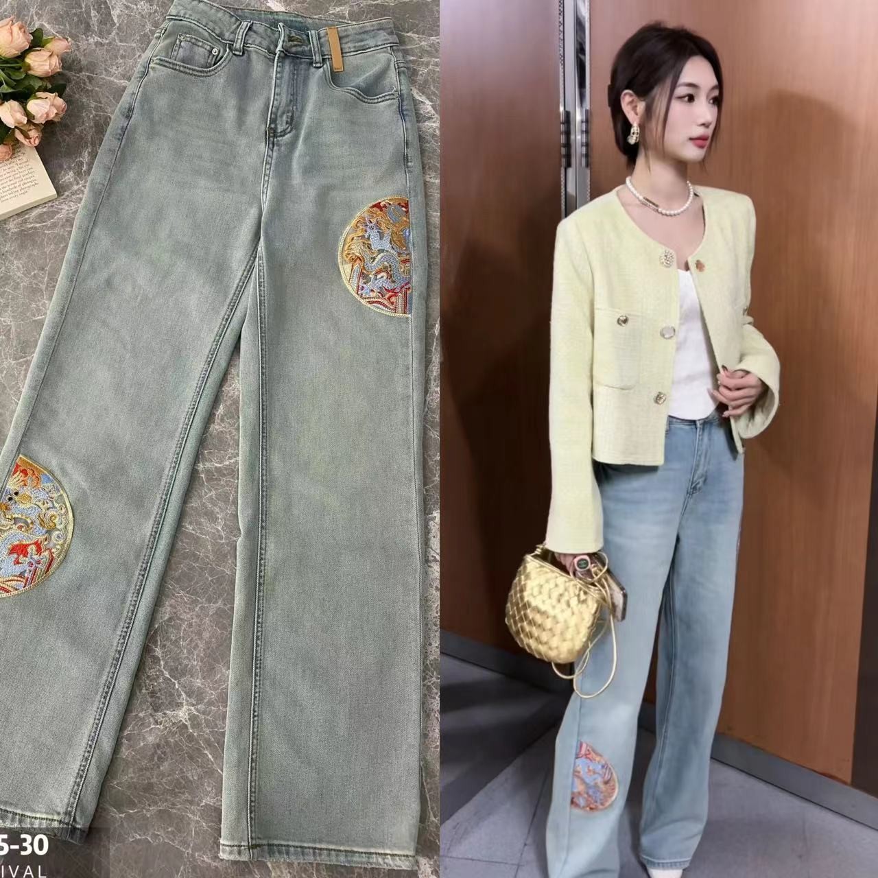 韵诗服饰-25年国风刺绣春季新款阔腿裤显瘦百搭刺绣重工牛仔裤
