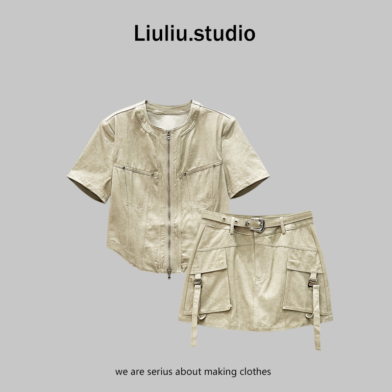 LiuLiu定制【沙丘】设计感炒色水洗牛仔上衣+工装半身裙套装两件套